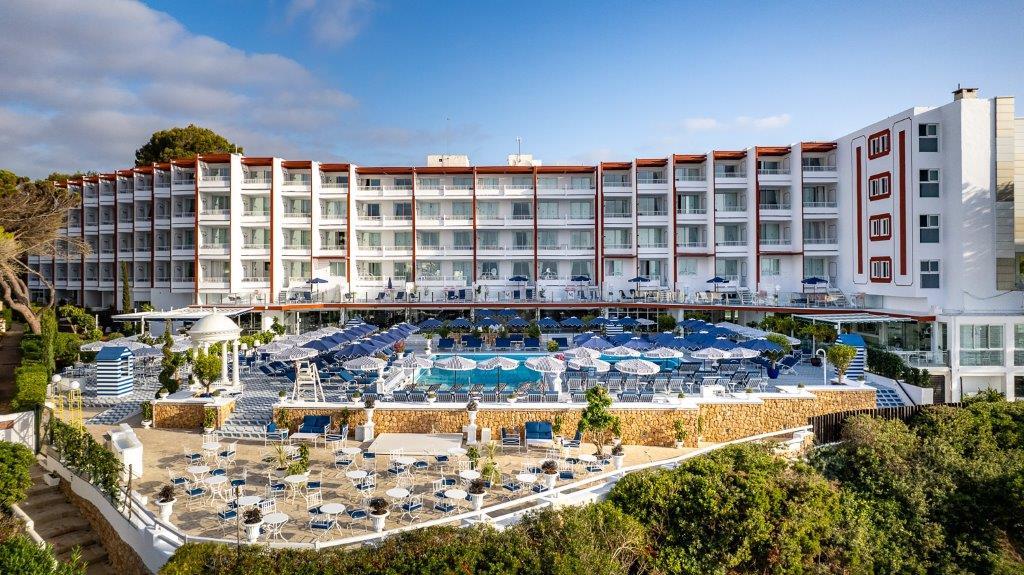 Aerial view of Mongibello Ibiza hotel and beachfront