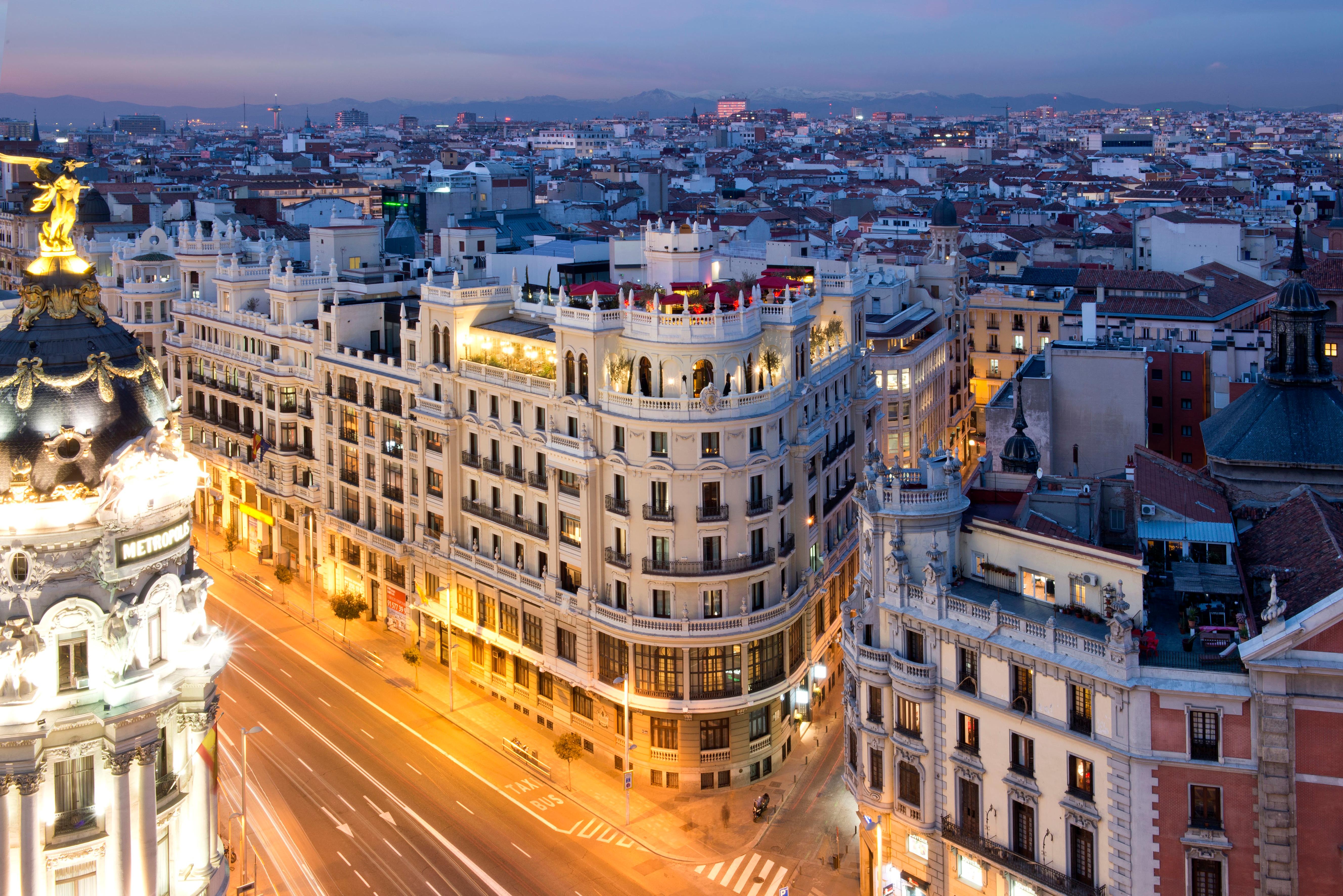 The Principal Madrid Hotel rooftop terrace overlooking Metropolis