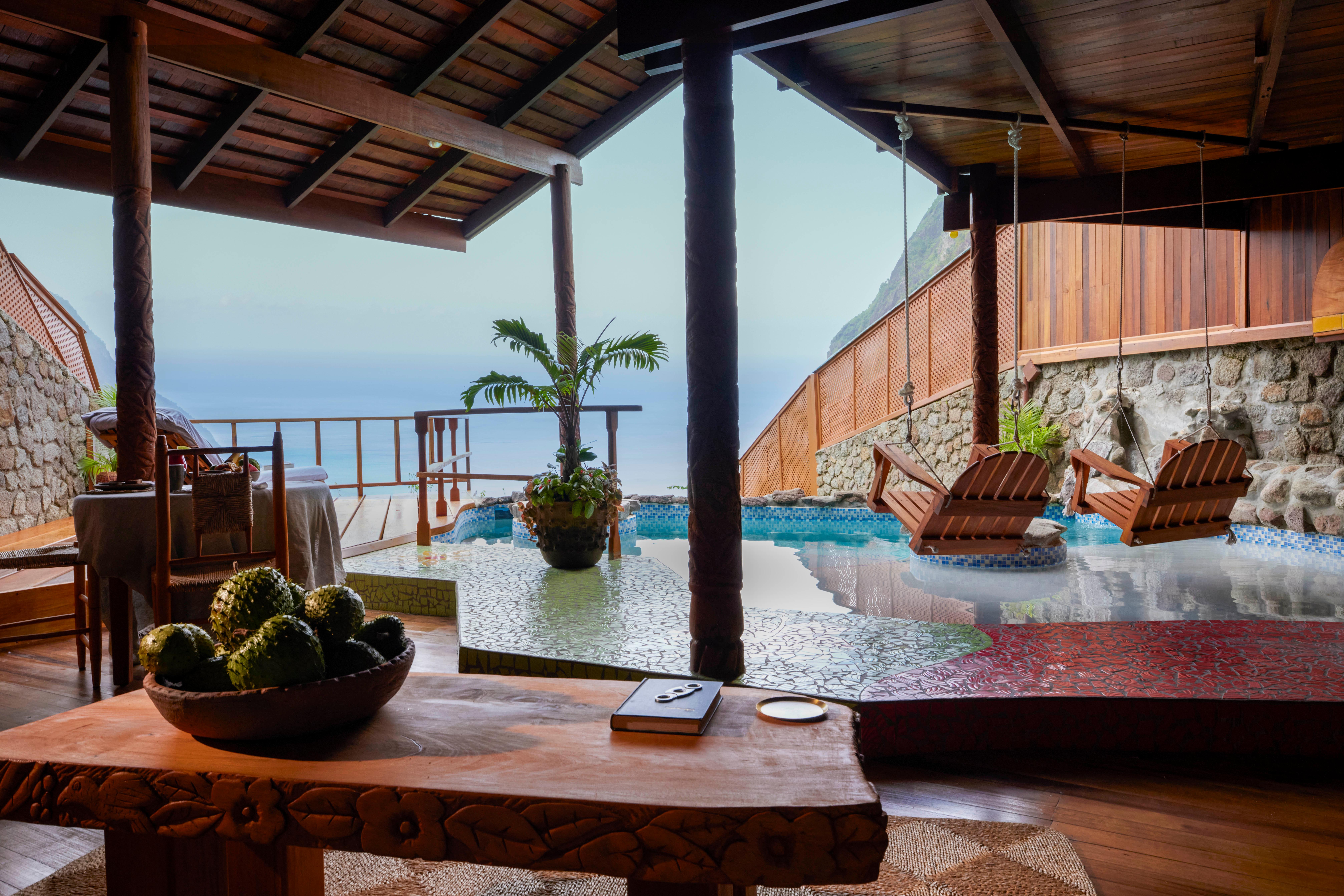 Gros Piton Suite with open-air sitting area and heated plunge pool