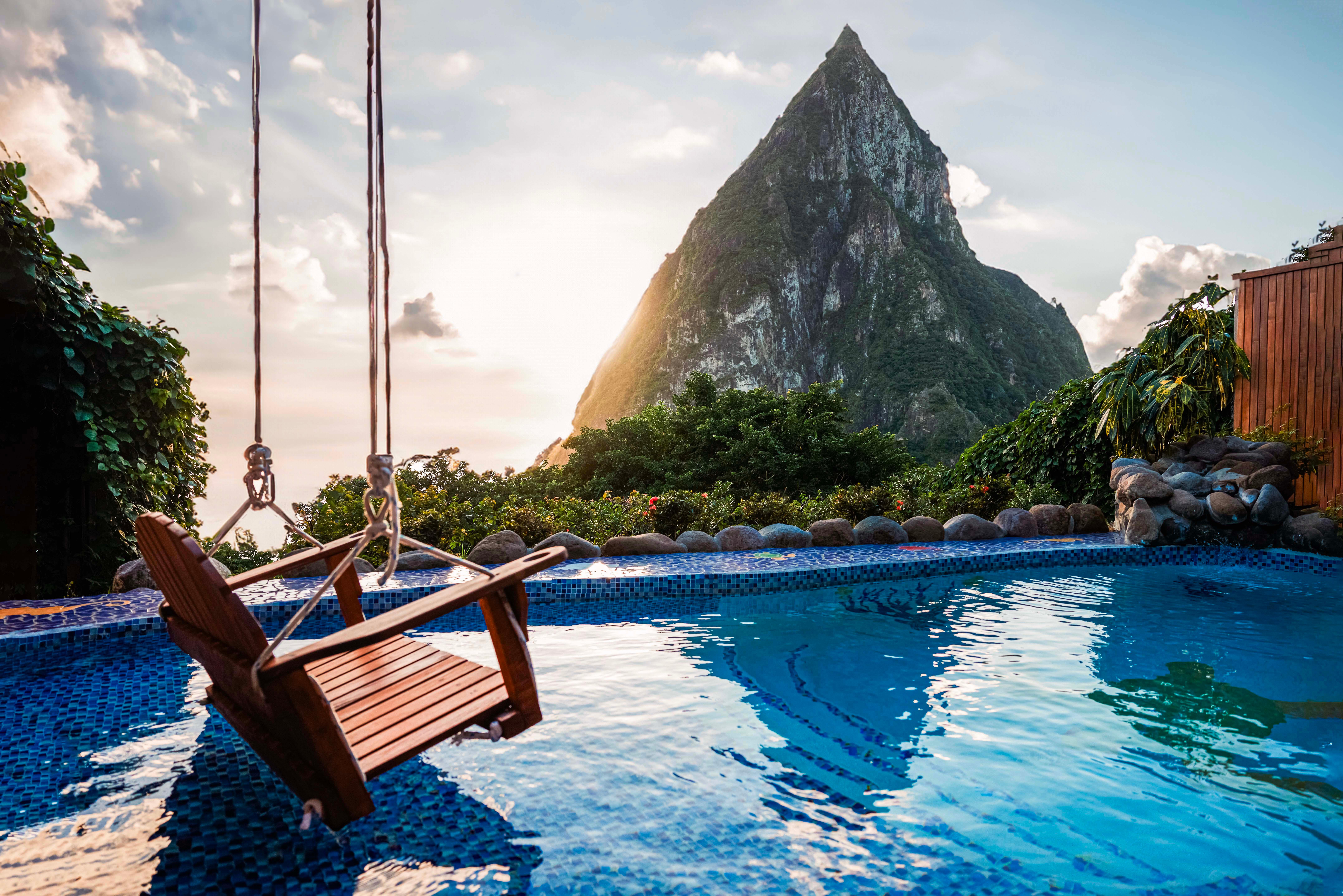 Ladera Resort Paradise Ridge suite with heated plunge pool, swing, and Piton view
