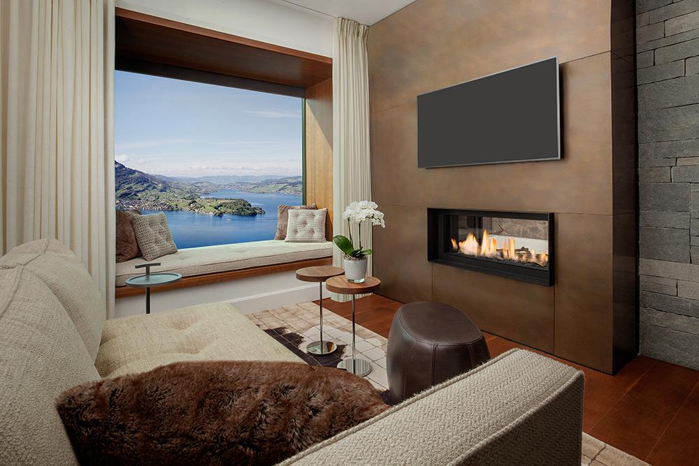 Contemporary Lakeview Deluxe Room with Double-Sided Fireplace