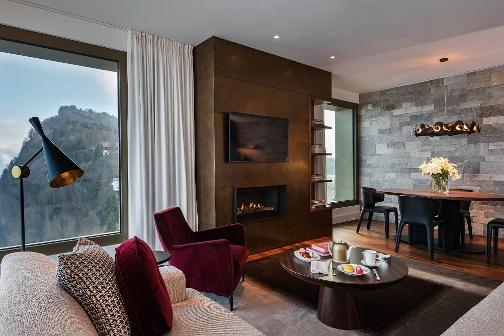 Senior Suite Living Salon with Quartzite Walls and Windows