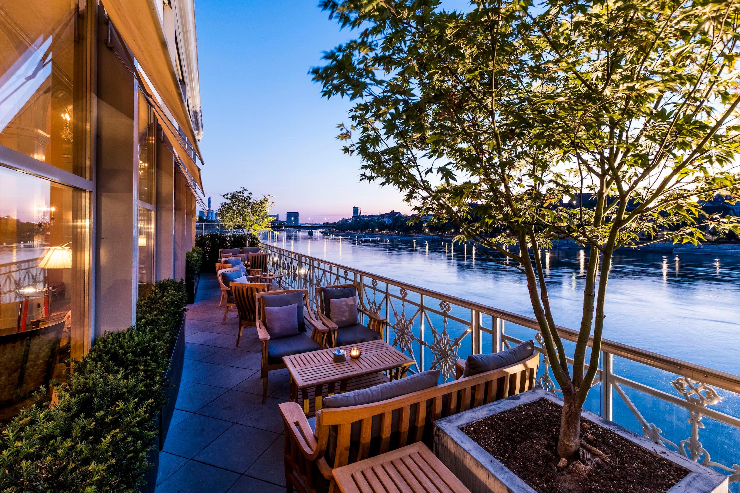 Outdoor Summer Rhine River Terrace with Old Town Panoramas