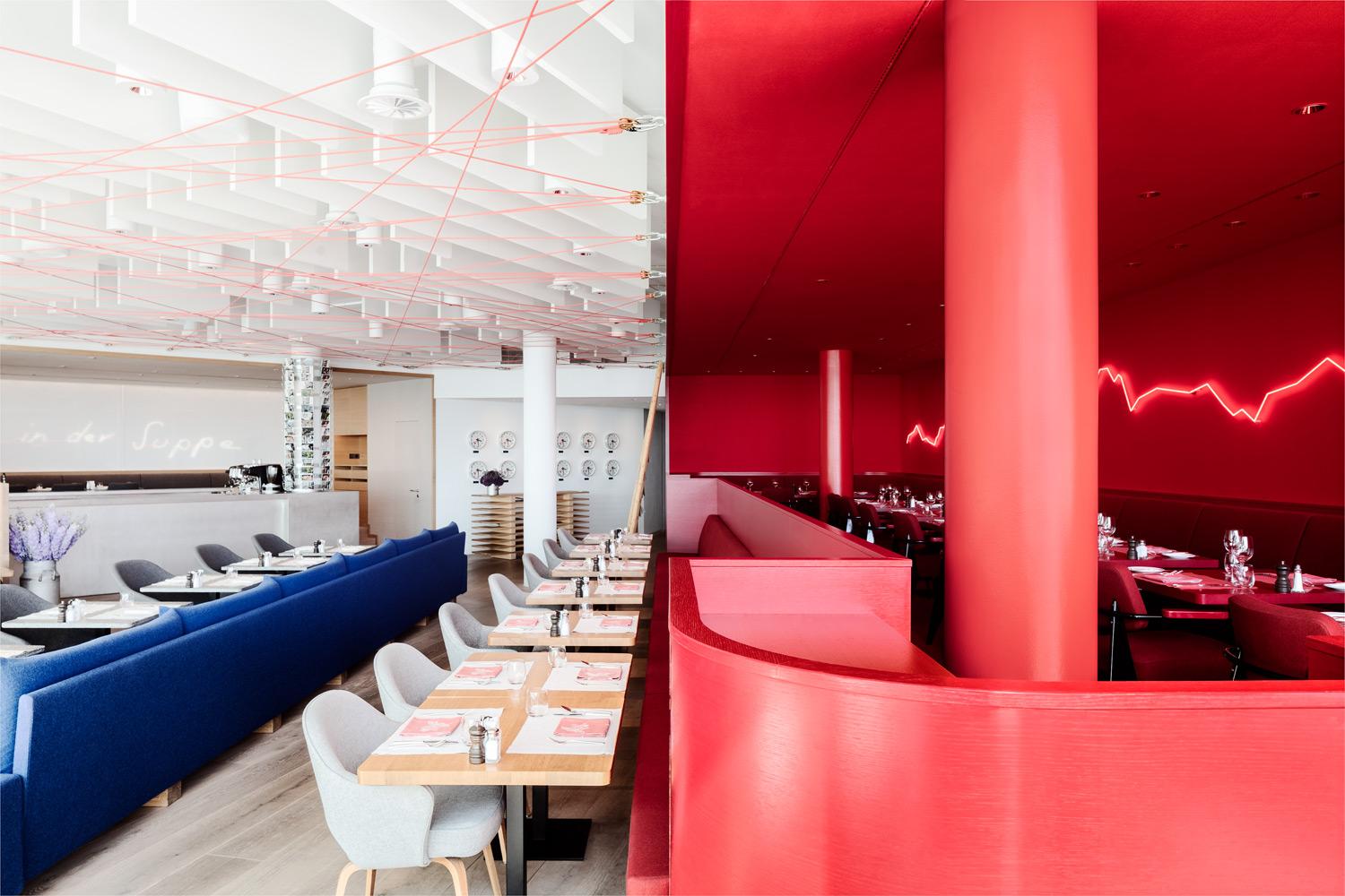 Saltz Restaurant Designed by Artist Rolf Sachs Featuring Dramatic Alpine Neon Cord Wall