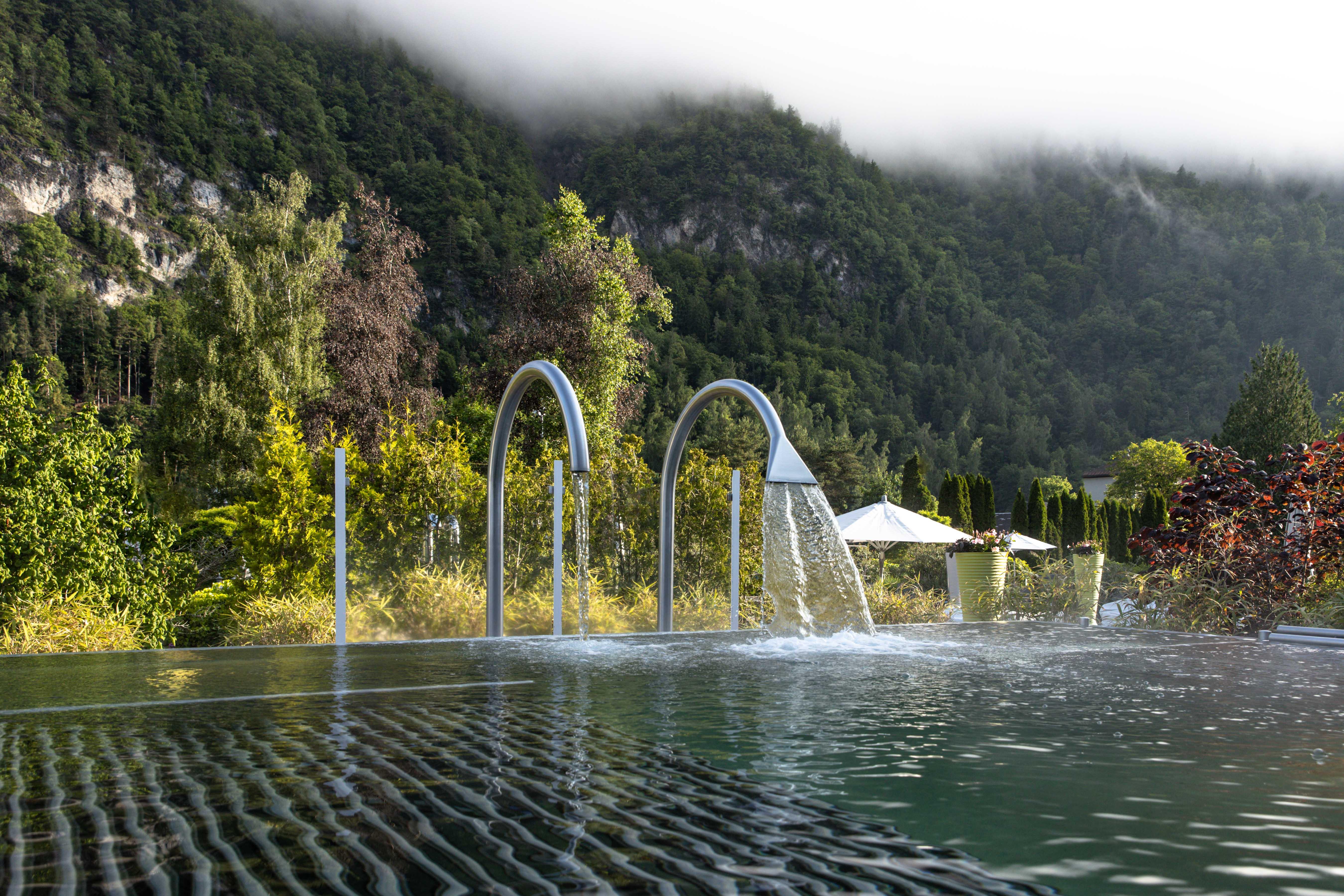 Outdoor Heated Saltwater Brine Pool with Unobstructed Views of the Jungfrau Mountain
