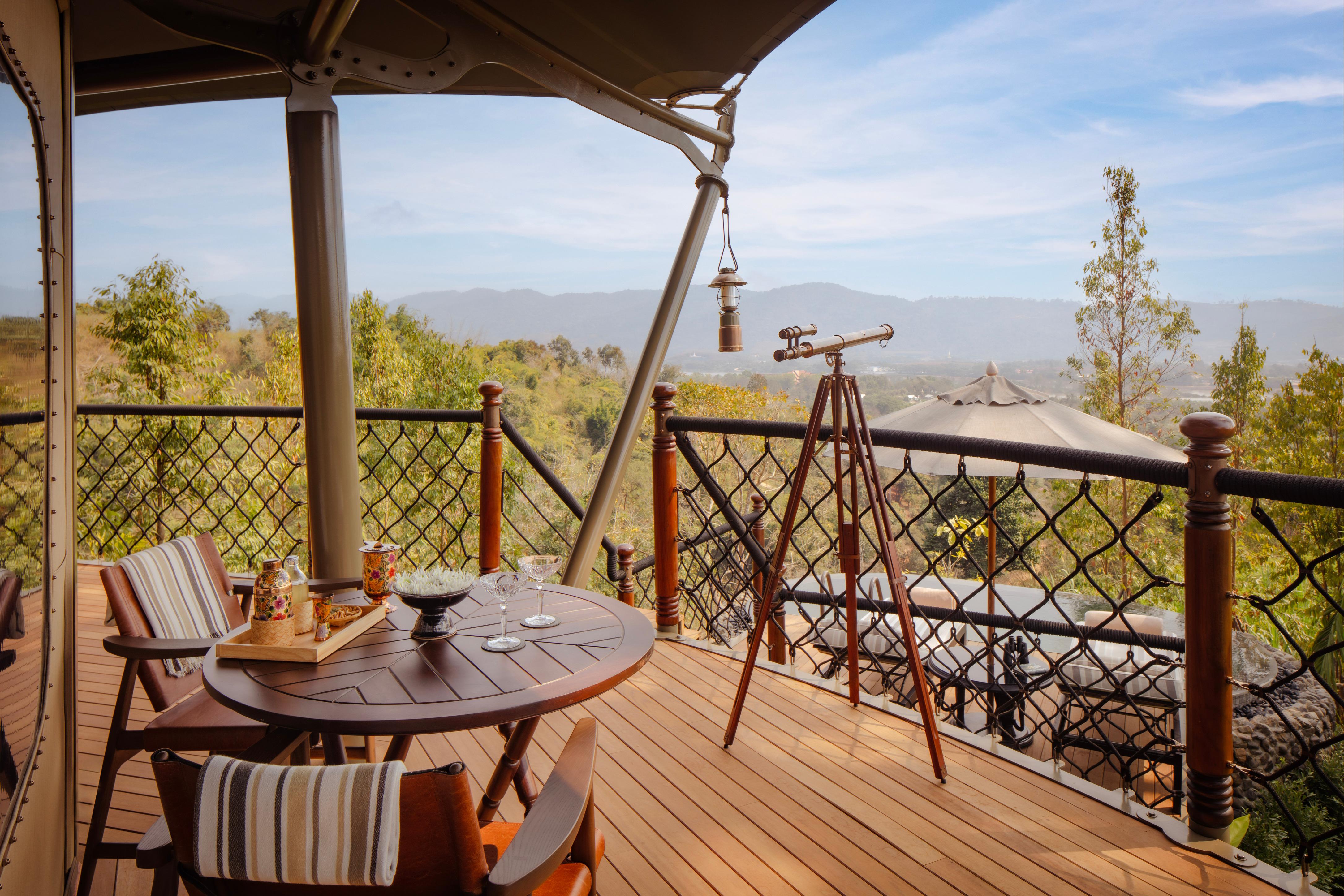 Private outdoor wooden terrace of the Mekong Explorer Tent