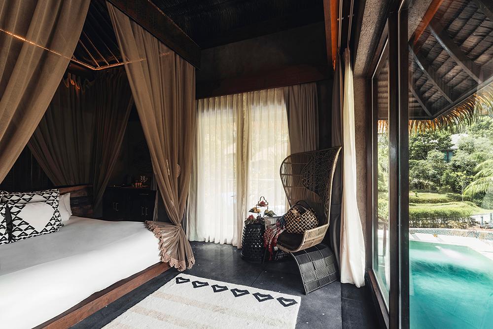 Clay Pool Cottage master bedroom inspired by the earth clan with private terrace and plunge pool