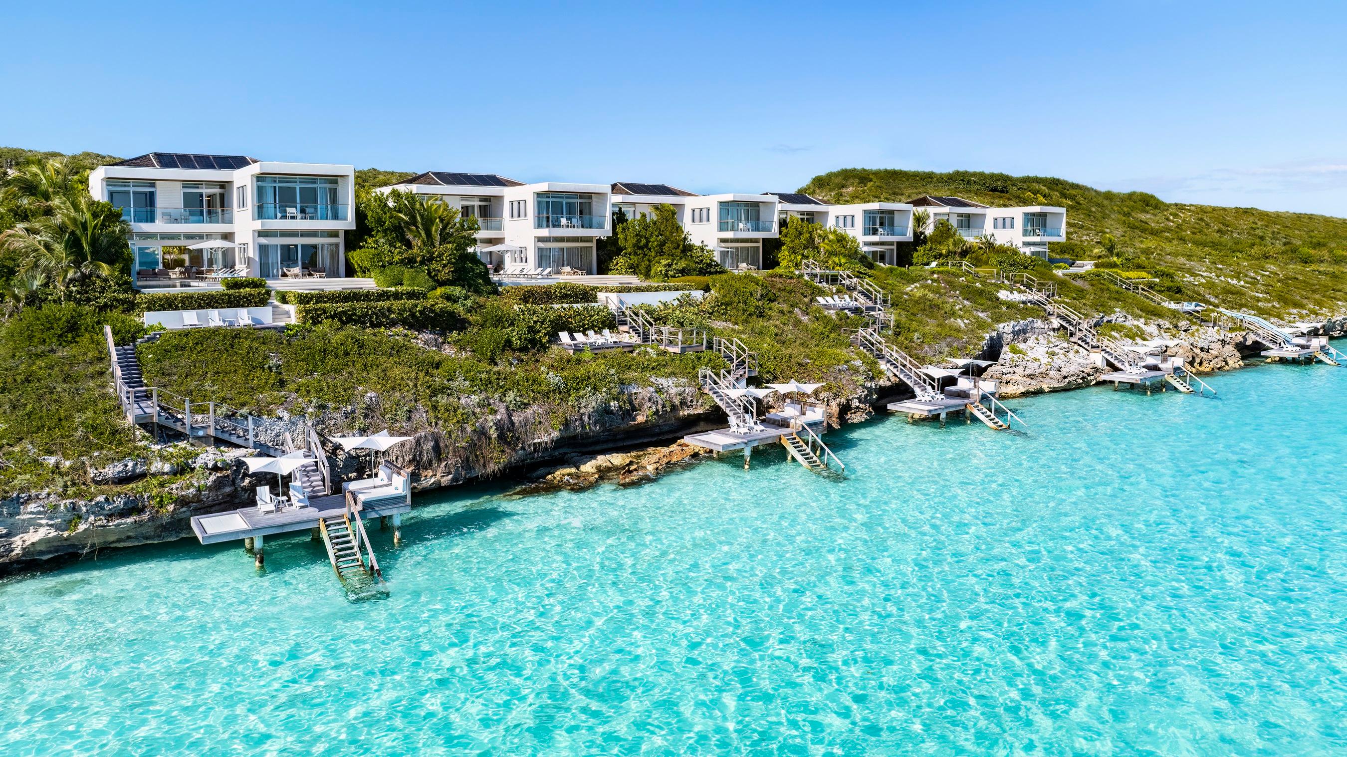 Aerial view of Forbes 5-Star Sunset Cove luxury private pool villas at Wymara Turks and Caicos