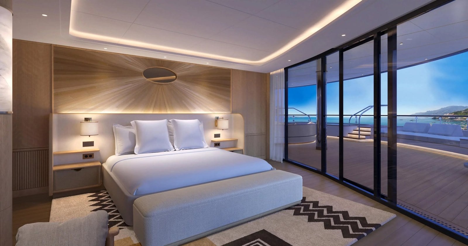 Four Seasons Yachts iconic four-deck Funnel Suite with private wading pool and panoramic wraparound glass