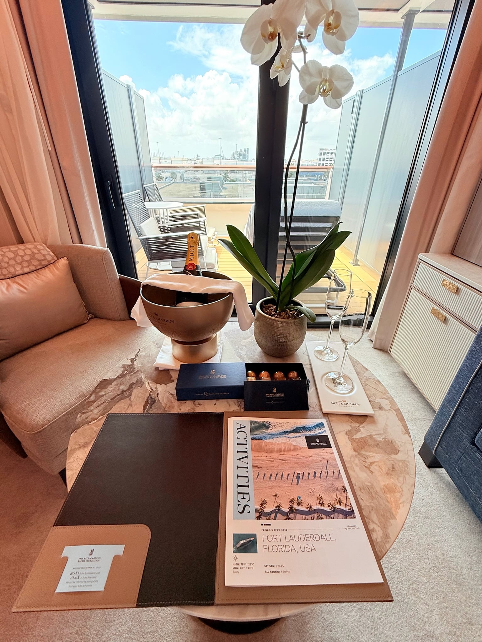 Interior living area of the Terrace Suite on Ilma looking toward the balcony