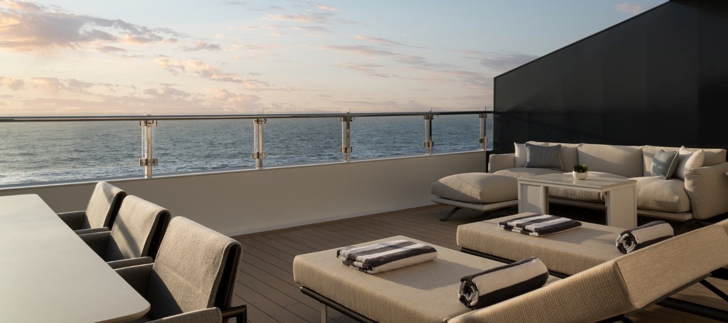The Ritz-Carlton Yacht Collection upper pool deck and sun lounger cabanas