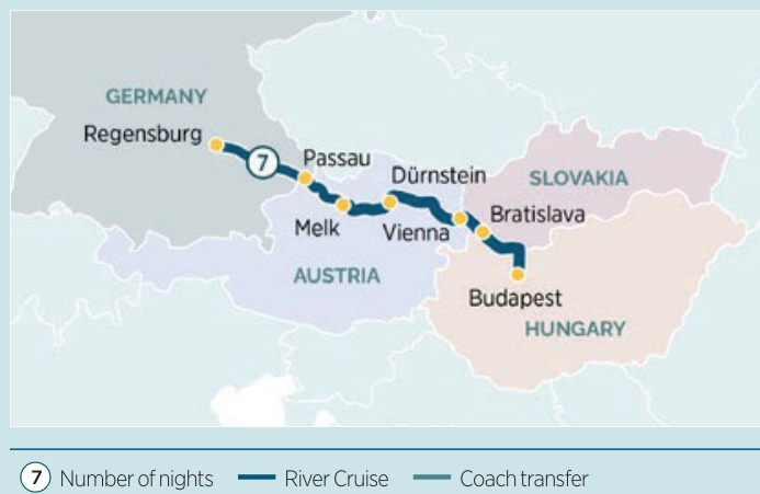 Danube Delights 8-Day Route Map: Budapest, Bratislava, Vienna, Durnstein, Melk, Passau, Regensburg, Munich