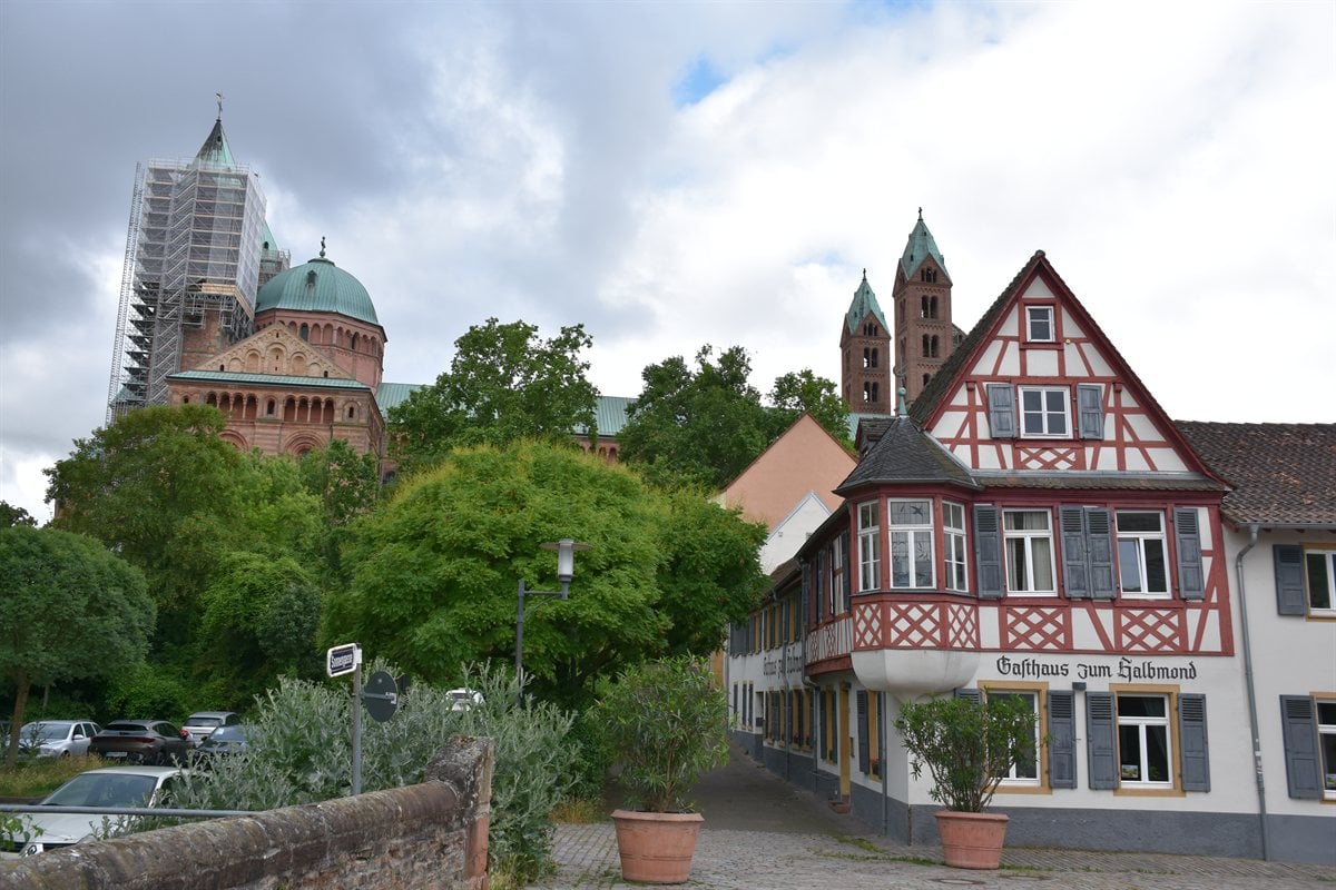 Speyer street scene and famous Pretzel Boy pedestrian crossing signal