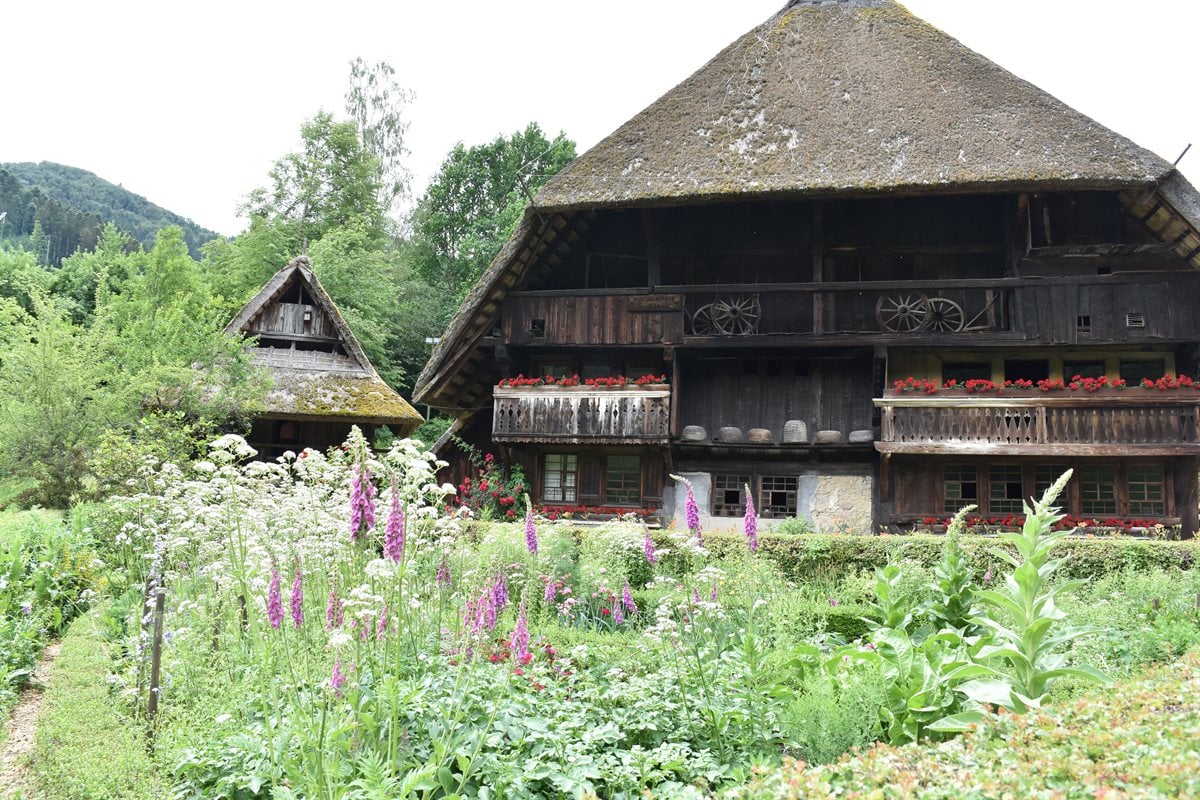 Historic thatched farmhouses at the Vogtsbauernhof Black Forest Open-Air Museum