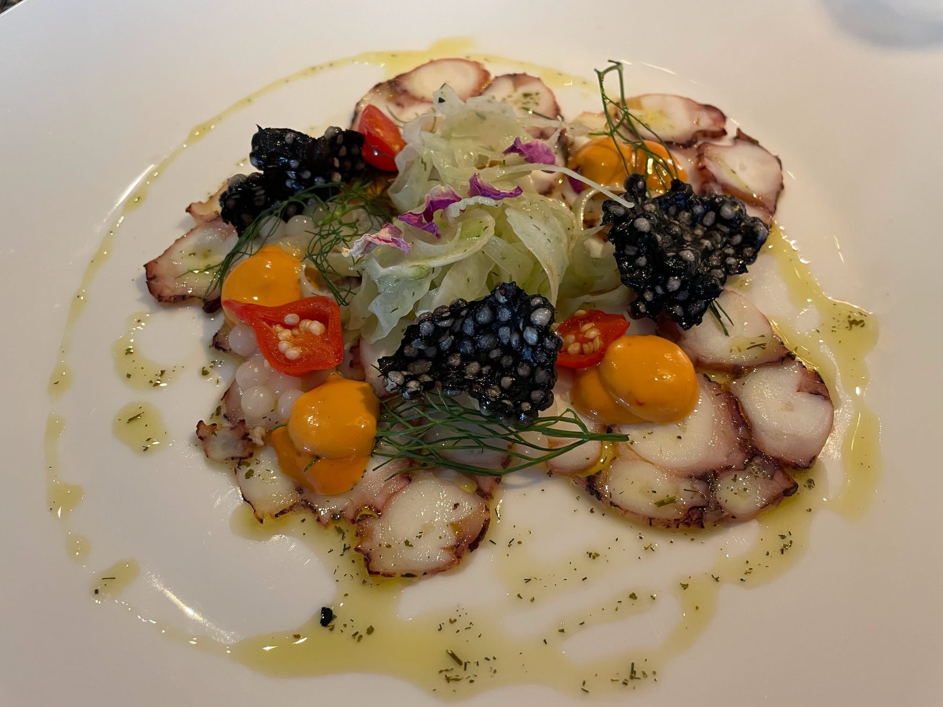 Gourmet octopus carpaccio appetizer with caviar and microgreens on Riverside Luxury Cruises