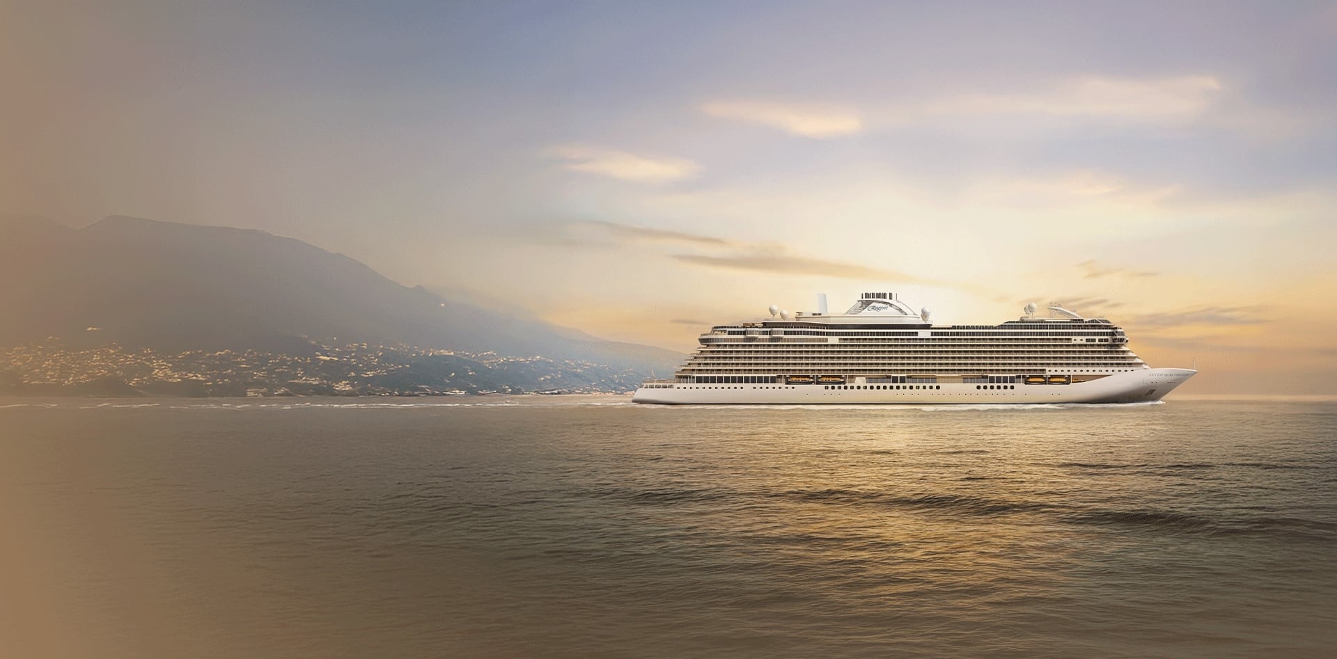Seven Seas Prestige luxury cruise ship official exterior rendering cruising open ocean waters