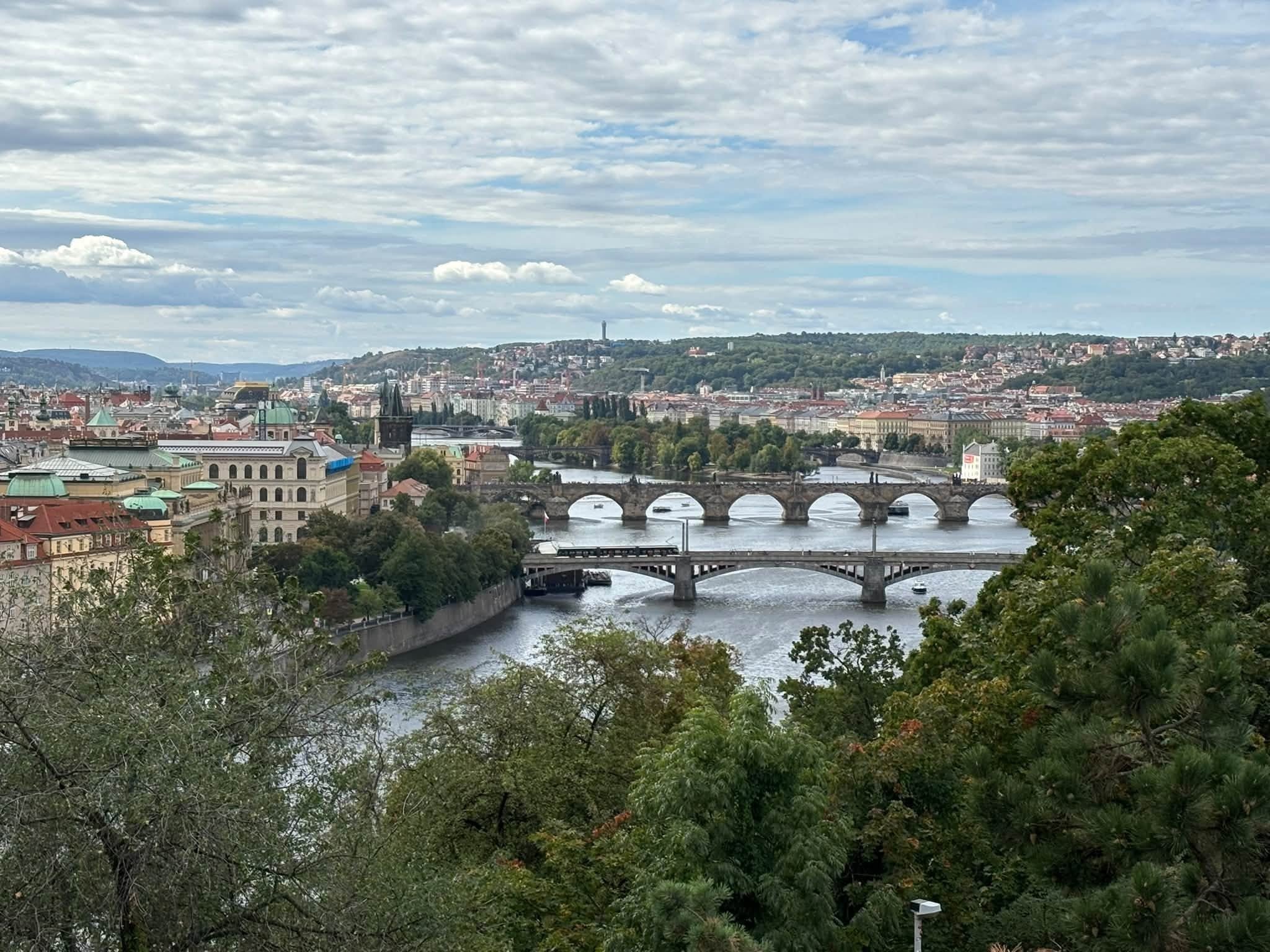 Panoramic View of Historic Bridges Crossing Vltava River in Prague