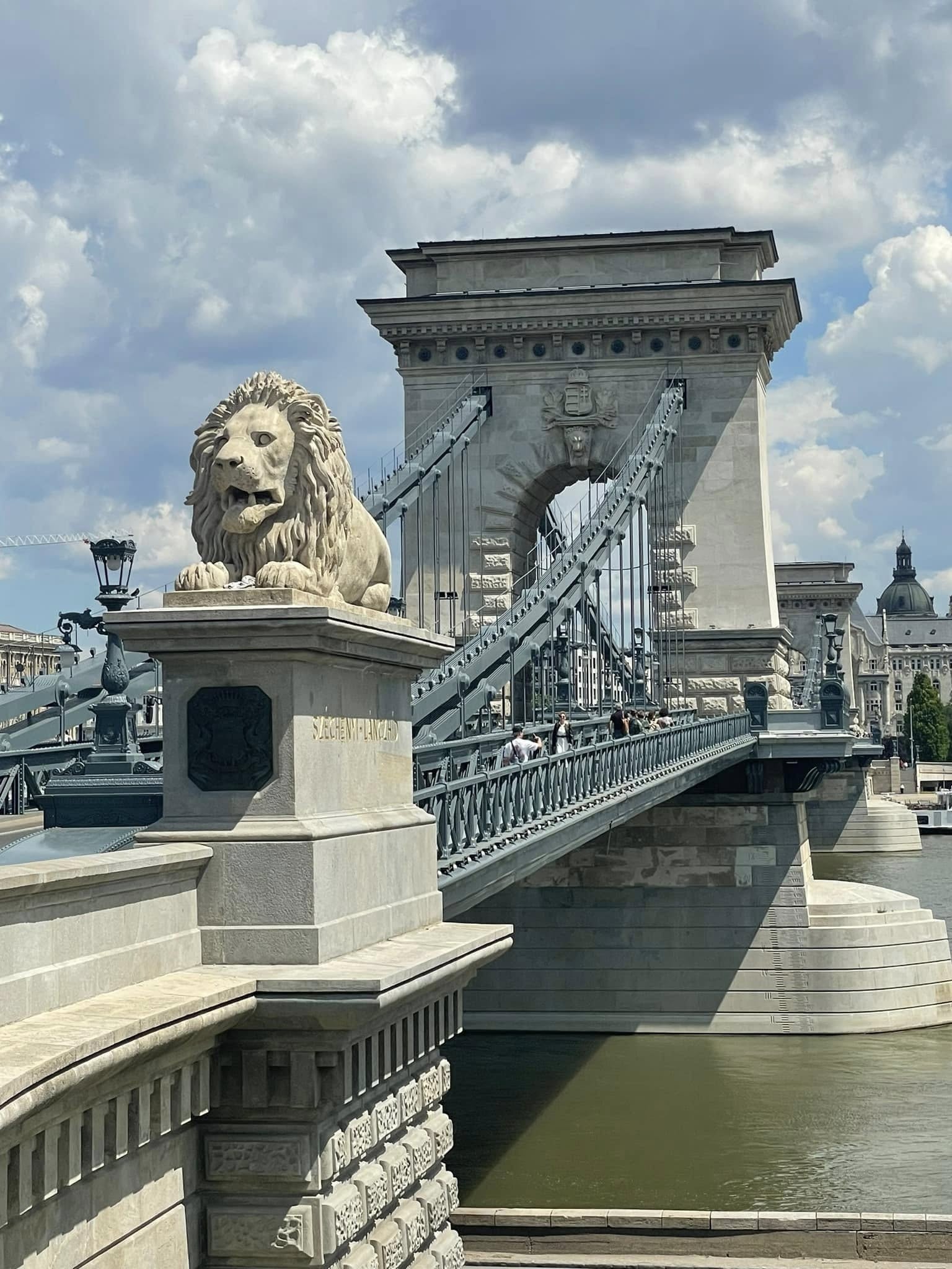 Széchenyi Chain Bridge Guardian Lion Statue in Budapest Hungary