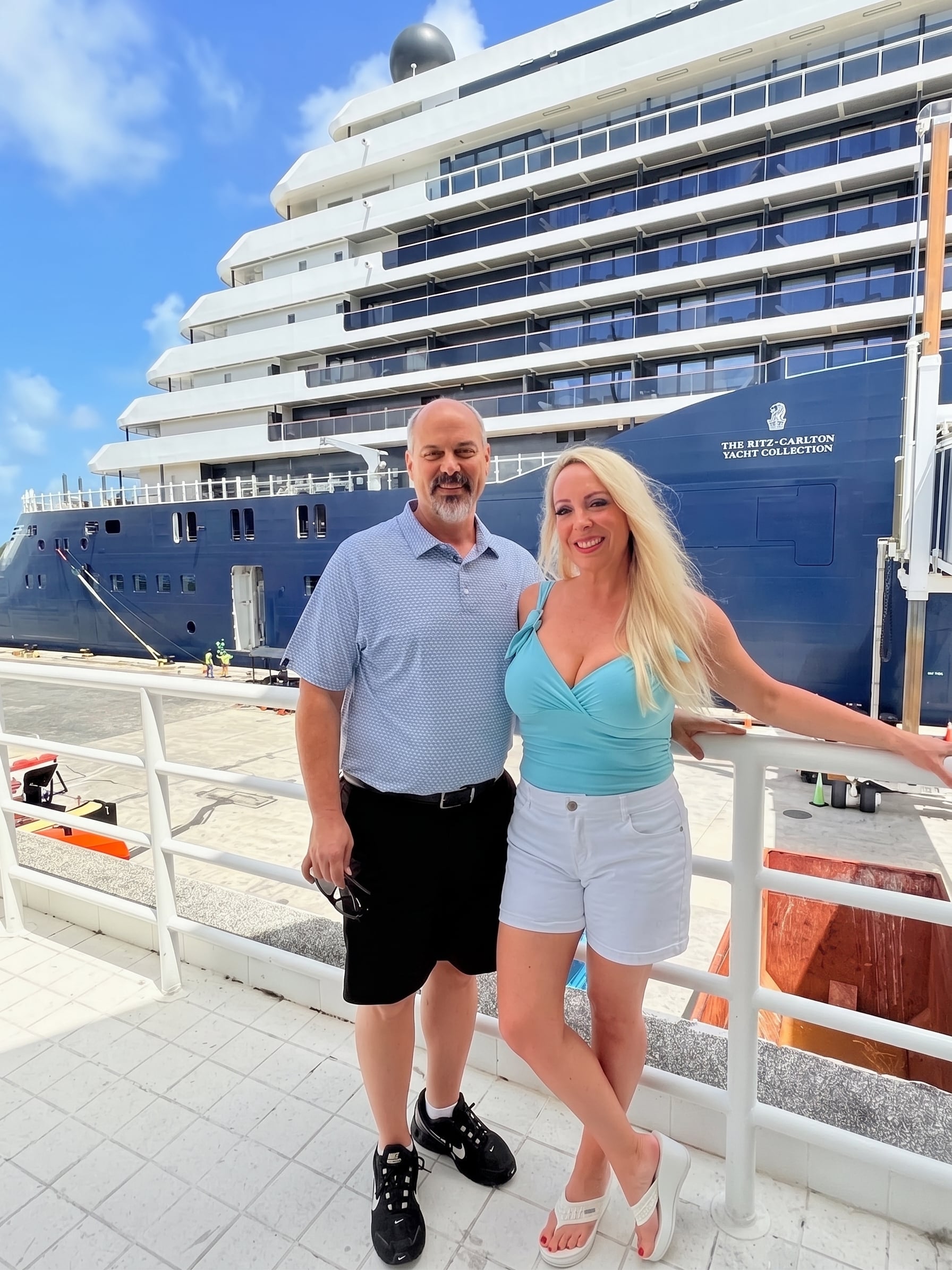 Aimee Byrd and husband embarking on The Ritz-Carlton Yacht Collection Ilma