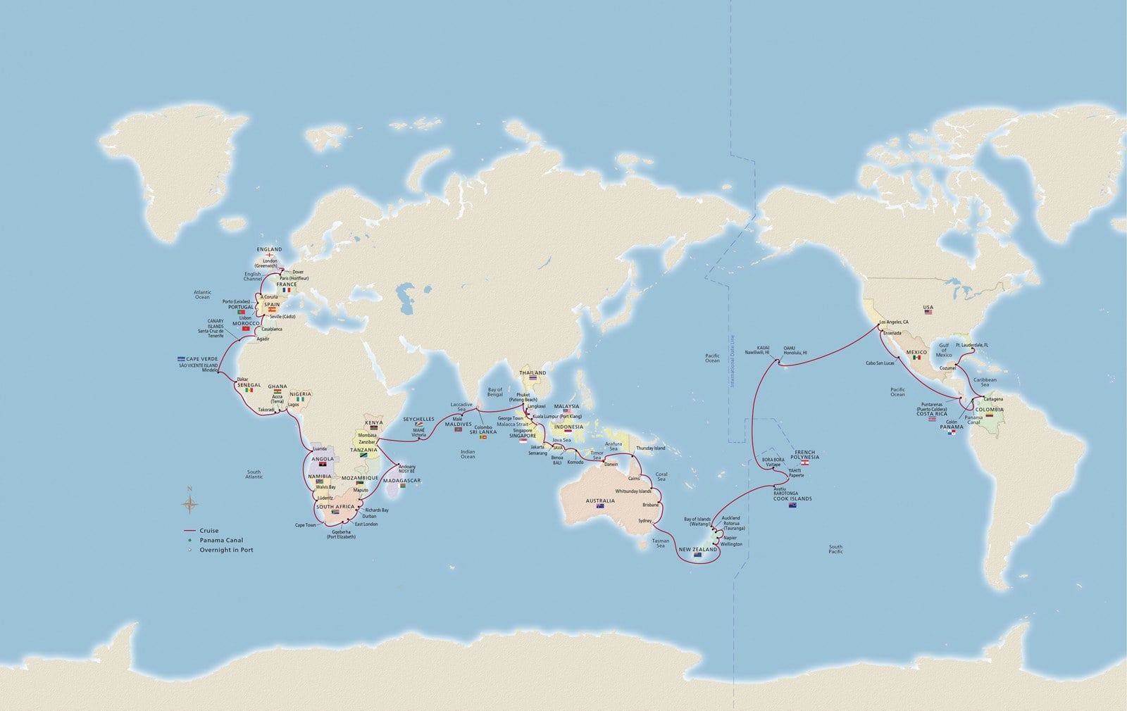 Official Viking World Cruise global route map spanning six continents and dozens of countries
