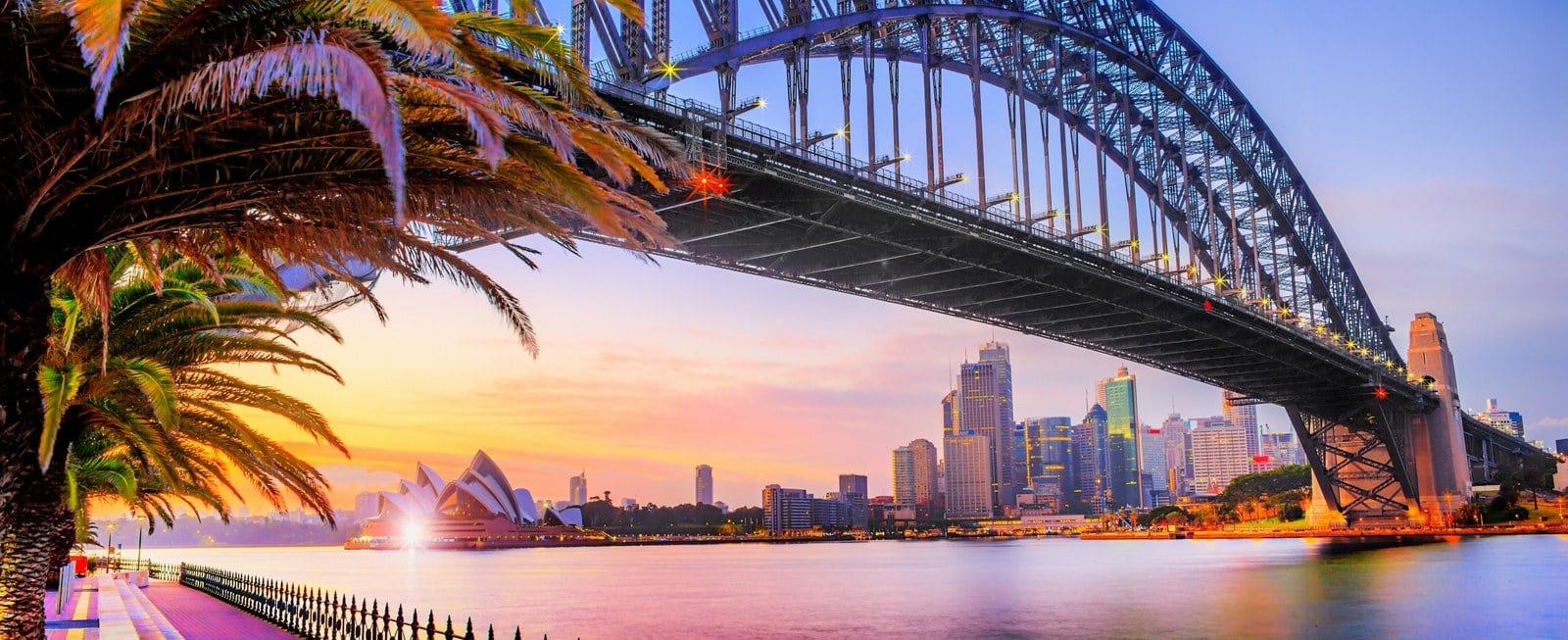 Sydney Harbour Bridge and Opera House at dusk during a Viking World Cruise overnight stay