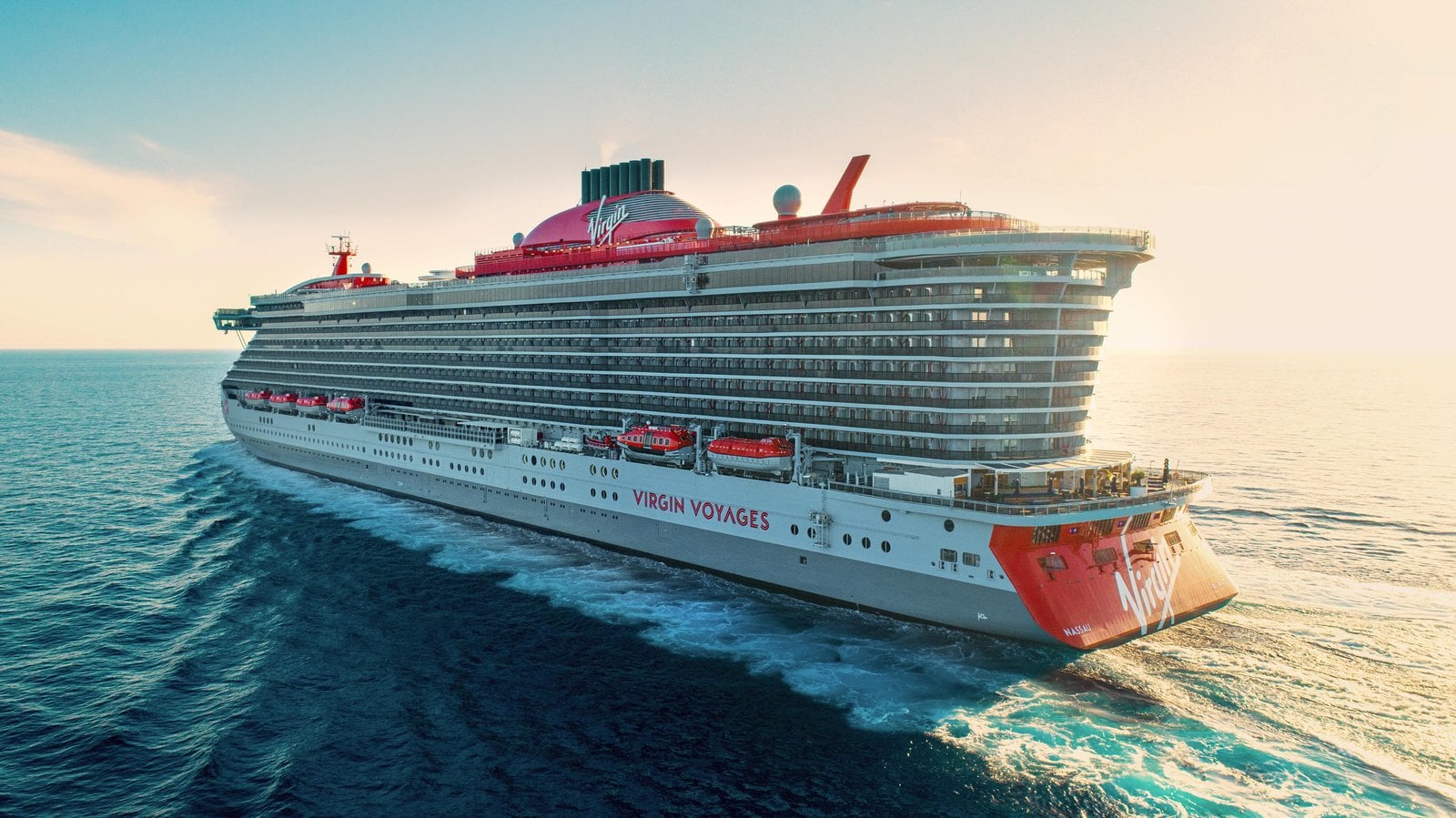 Virgin Voyages Brilliant Lady luxury adults-only cruise ship sailing on the open ocean