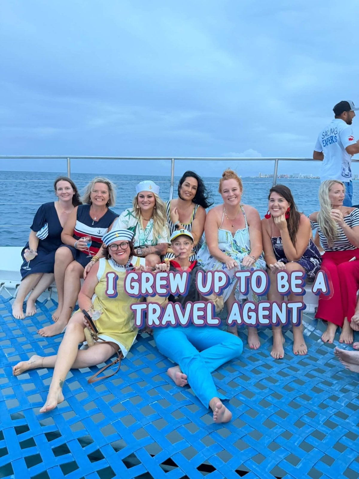 Vincent Vacations team taking over the catamaran bow trampolines en route to Isla Mujeres