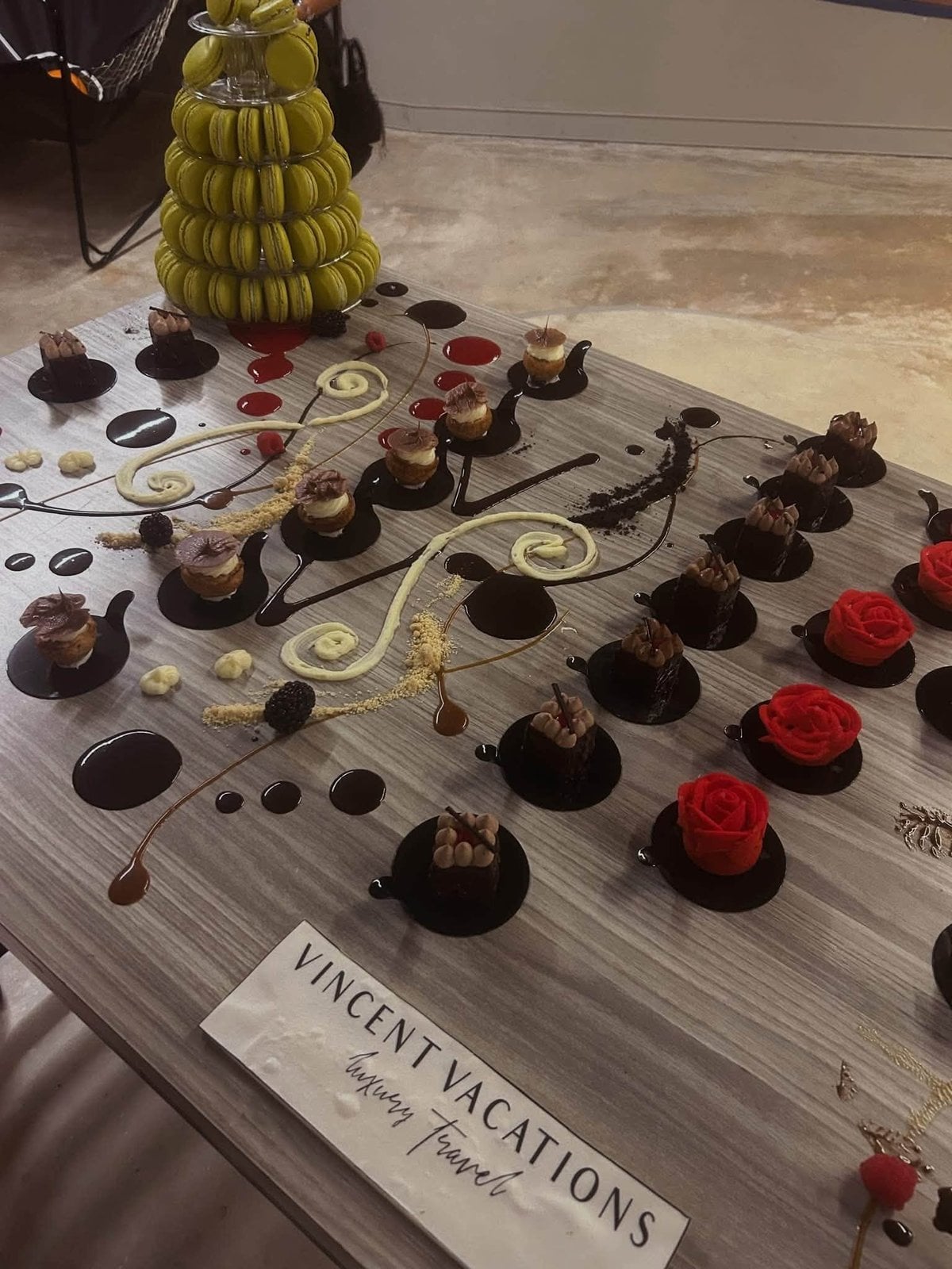 Handcrafted red chocolate roses and gourmet dessert display welcoming our team to Mexico