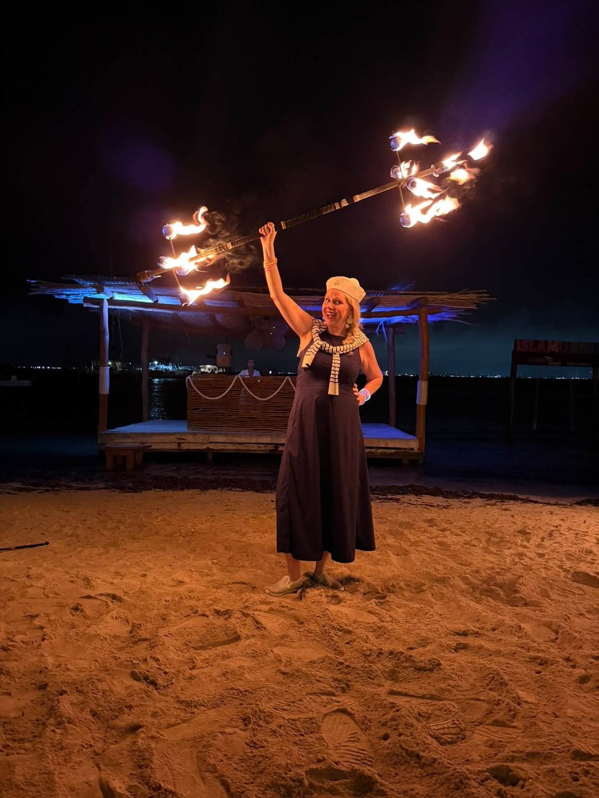 Grand finale beach fire show on Isla Mujeres lighting up the tropical night sky