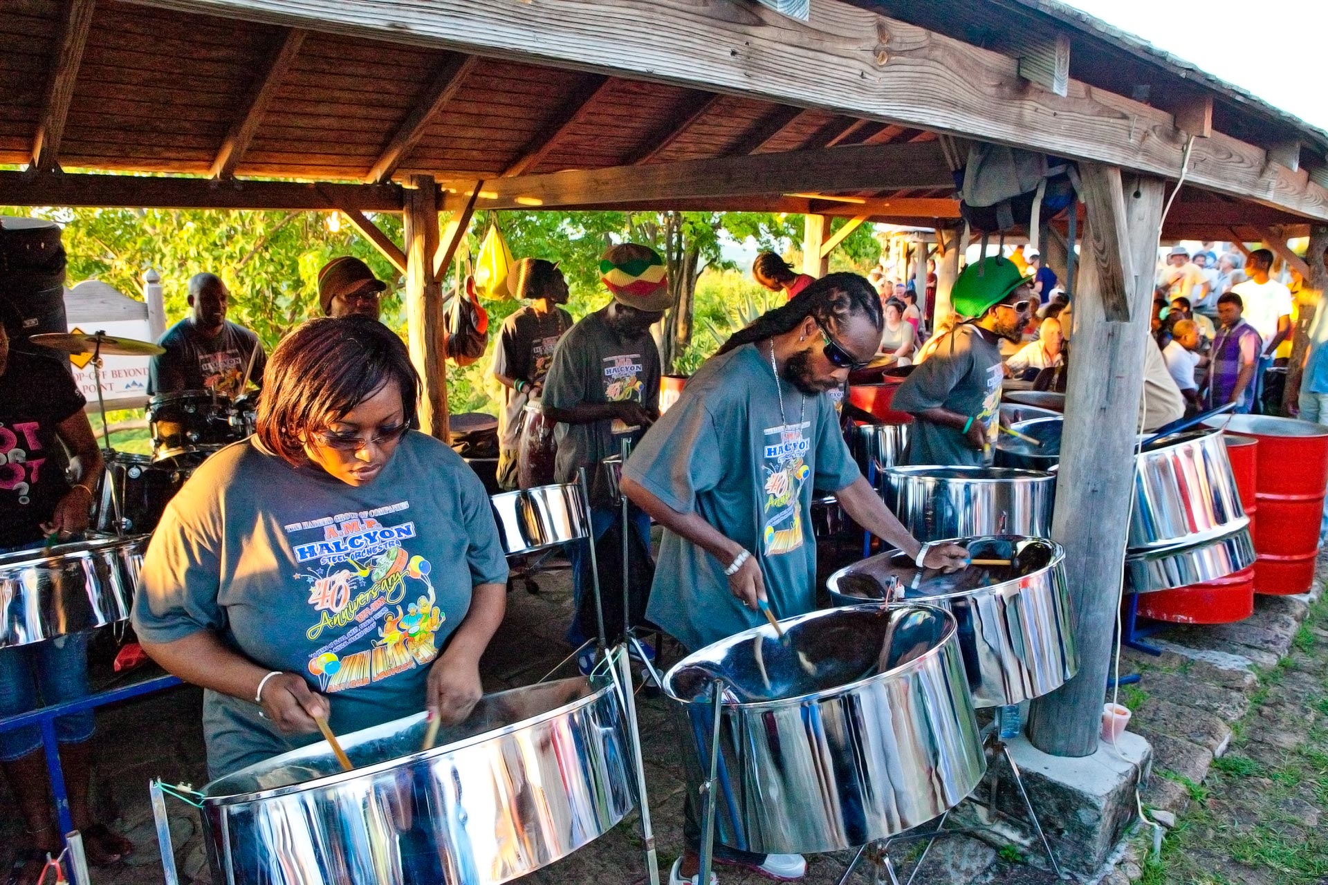 A group playing steel drums