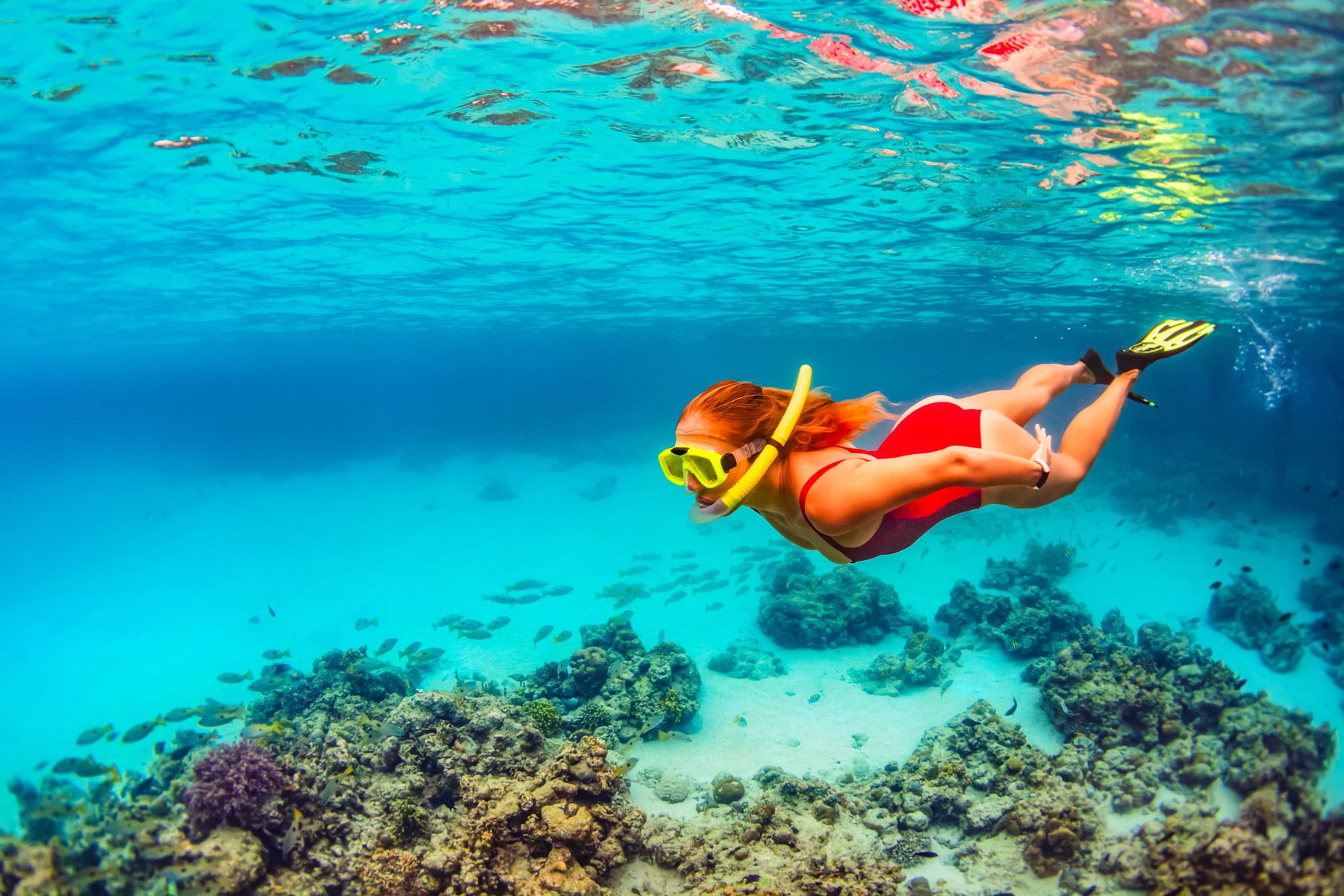 young girl underwater snorkel