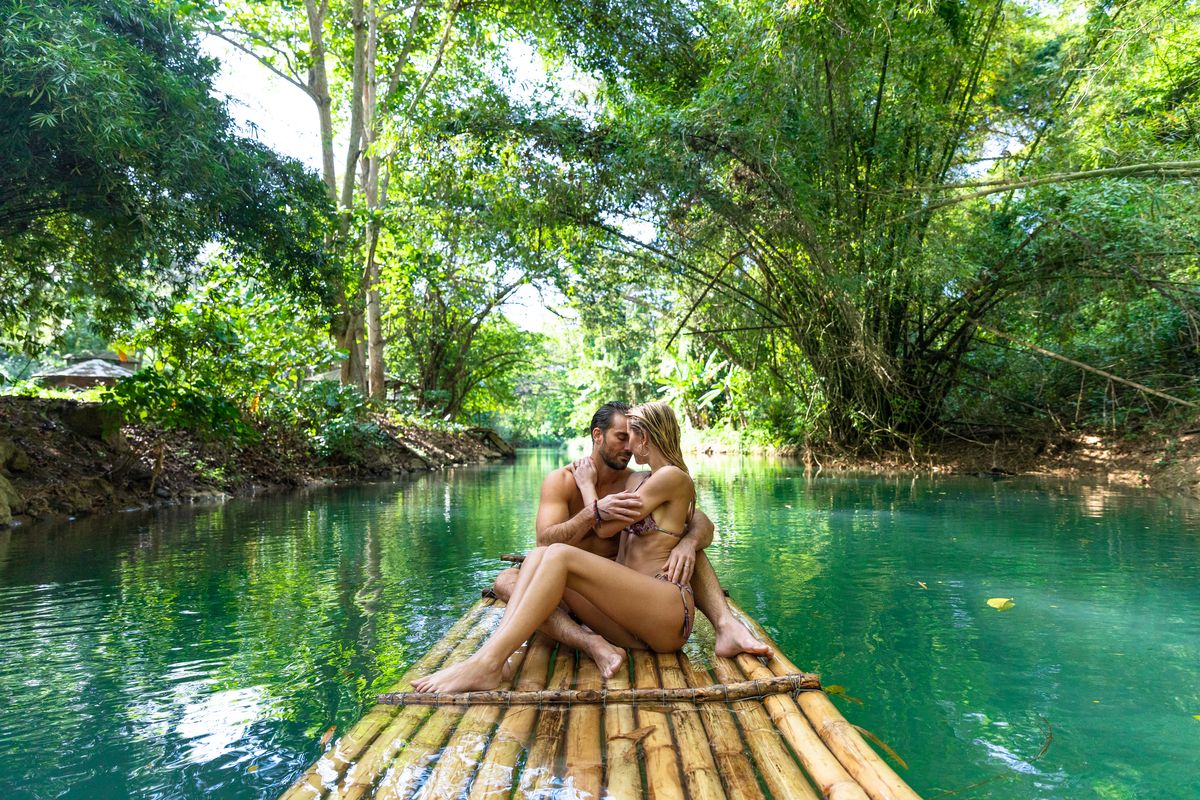 couple river rafting on the martha brae river in jamaica