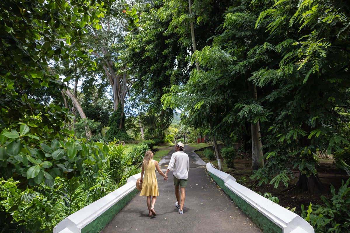 couple walking in a botanical garden in saint vincent