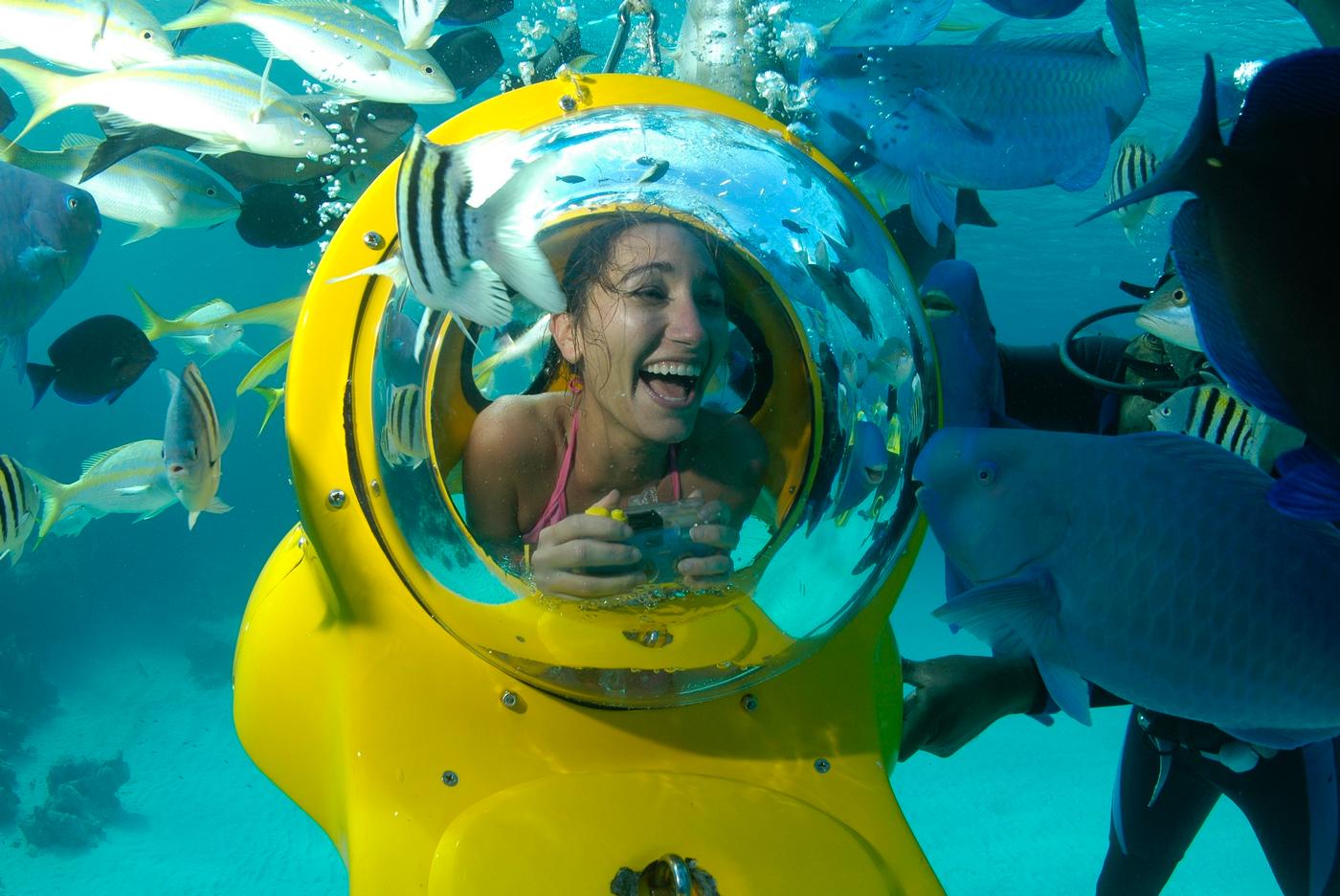 guest enjoying the sub while swimming with exotic fish around her